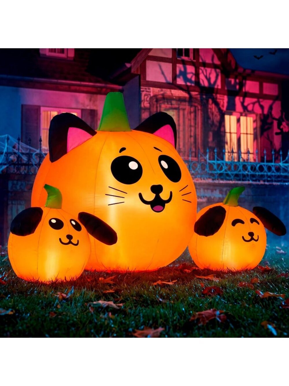 🎃5FT Long Halloween Inflatable Pumpkin Cat & Dog Head Combo Built-in LED Light